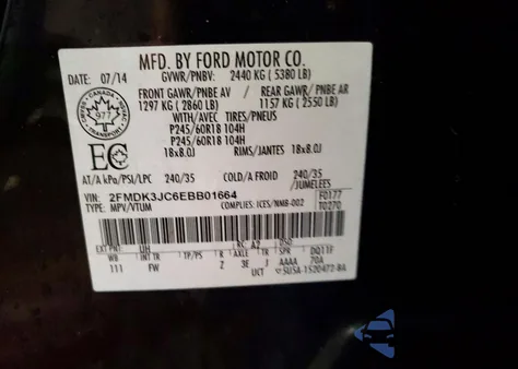 2014 Ford Edge Sel from USA, damaged, VIN 2FMDK3JC6EBB01664